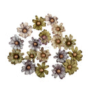 A collection of vintage-style paper flowers in muted olive green, dusty lavender, and cream tones, arranged in a circular cluster on a solid white background.