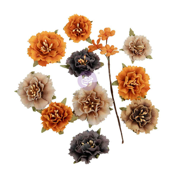 A set of artificial paper flowers arranged on a plain white background, including orange, beige, and dark gray blooms with small green leaves and a long stem.