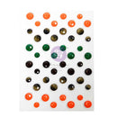 A sheet of round craft gems in assorted colors, including bright orange, emerald green, dark brown, and glittery gold, arranged on a white background with a central watermark.