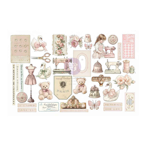 A sheet of vintage-style decorative stickers or decals featuring sewing machines, swans, teddy bears, butterflies, flowers, sewing notions, and French text such as 'Paris', 'Bougie', and 'Une vie', arranged on a plain white background.