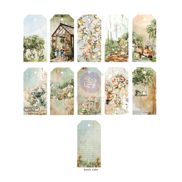 A set of vintage-style decorative gift tags with illustrated garden scenes, flowers, birds, and rustic watercolor designs, shown on a white background with one tag labeled 'back side'.