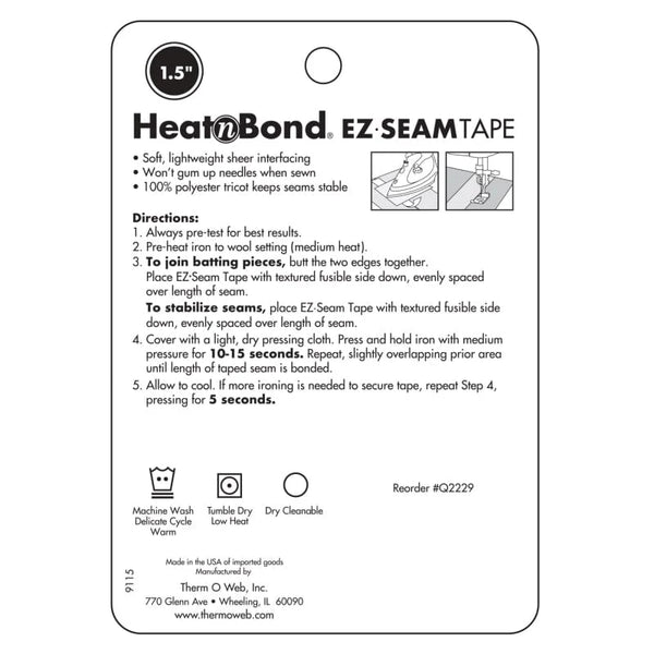 Label for Heat'n Bond EZ Seam Tape with text and icons on a white background