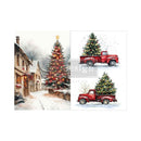 A holiday-themed collage featuring a watercolor winter village scene with a decorated Christmas tree on the left, and two red vintage pickup trucks carrying Christmas trees on the right, shown on a white background with a faint 'Design Plated' watermark.