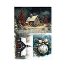 A collage-style Christmas design featuring a snowy cabin at night with glowing windows, a black house with red trim, and a white ornament with a beige bow on a wreath. The words 're design' appear faintly across the center.