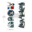 Two vertical panels showing a winter holiday design print with a deer, poinsettias, blue ornaments, and snowy cabins, overlaid with dimension lines reading 11.5 inches by 3.