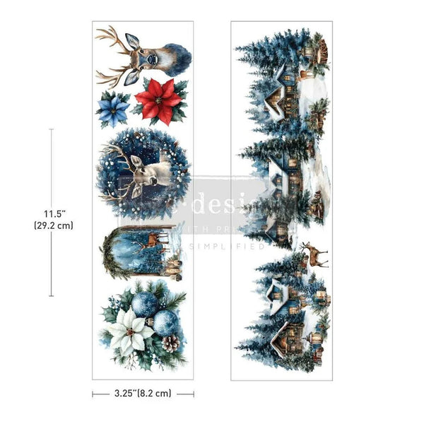 Two vertical panels showing a winter holiday design print with a deer, poinsettias, blue ornaments, and snowy cabins, overlaid with dimension lines reading 11.5 inches by 3.