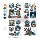 Four sheets of Christmas-themed temporary tattoos or decals displayed on a white background, featuring winter illustrations like a fireplace, window scenes, deer, lanterns, pinecones, and a small church. The left side includes a color palette labeled 'Hue Harmony' with six circular swatches and dimensions '11" (27.