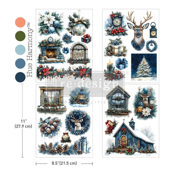 Four sheets of Christmas-themed temporary tattoos or decals displayed on a white background, featuring winter illustrations like a fireplace, window scenes, deer, lanterns, pinecones, and a small church. The left side includes a color palette labeled 'Hue Harmony' with six circular swatches and dimensions '11" (27.