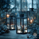 Three black metal lanterns with glass panels are arranged outdoors in a snowy, winter garden setting. Each lantern contains a miniature warm-lit winter village scene with cozy cabins and pine trees.