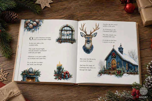 An open children's book spread laid on a rustic wooden surface, surrounded by holiday decorations including pinecones, evergreen branches, ornaments, and wrapped gift boxes. The pages show Christmas-themed illustrations and nursery-style text, with a window, deer head, snowy church, and small holiday scene printed on the spread.