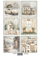 A sheet of six winter-themed printed panels with vintage illustrations: a cream car carrying Christmas trees, a snow-covered house, a Santa Claus figure with a child, a window with candles, and a snowy village scene. The sheet includes a barcode and the text KPD198 and REPRINT at the bottom.