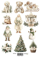 A sheet of Christmas-themed paper cutouts or decals featuring a puppy, teddy bear, sleigh with gifts, Santa bag, Santa Claus, carousel, another Santa Claus, snowman, decorated Christmas tree, potted tree, and floral arrangements on a white background.