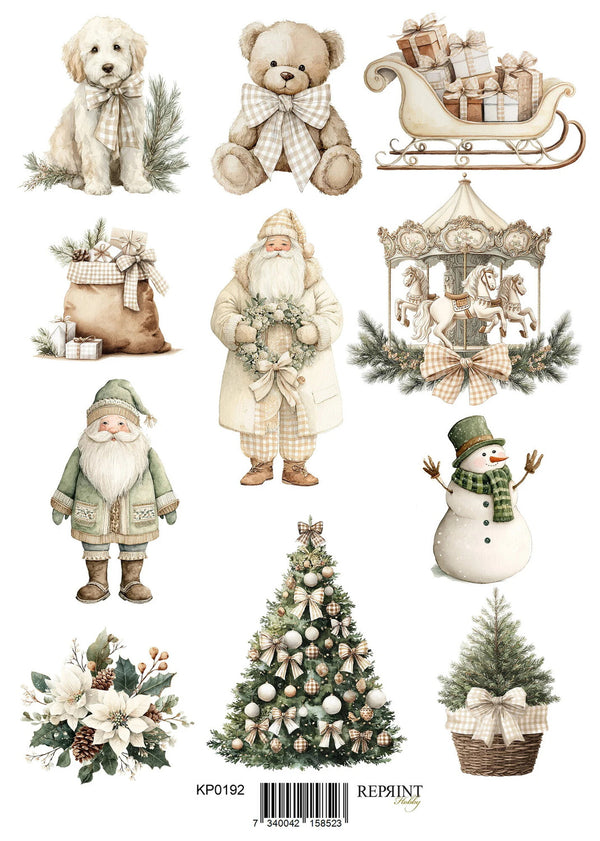 A sheet of Christmas-themed paper cutouts or decals featuring a puppy, teddy bear, sleigh with gifts, Santa bag, Santa Claus, carousel, another Santa Claus, snowman, decorated Christmas tree, potted tree, and floral arrangements on a white background.