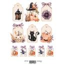 A sheet of Halloween-themed decorative paper tags with illustrated designs including a lantern, witch hat and pumpkins, a purple flower, a carved pumpkin, a black cat, and jack-o'-lanterns with purple bows. The tags are arranged on a white background with a barcode and 'REPRINT' text at the bottom.