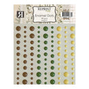 A sheet of enamel dots stickers by Reprint Design, featuring rows of glossy dots in brown, green, and yellow on a light beige backing card.
