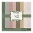 A square paper pack labeled 'Reprint Studio Hidden Magic Monochromes' with vertical muted stripes in olive green, dusty pink, taupe, cream, and pale lavender. Text at the bottom reads 'Paper Pack Acid and Lignin Free, 12 x 12 inches, 240 gsm, 12 double-sided sheets, REP027, Made in Sweden.