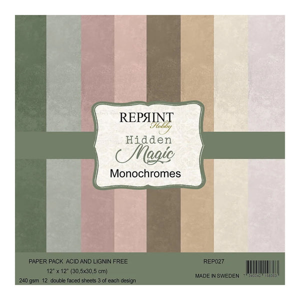 A square paper pack labeled 'Reprint Studio Hidden Magic Monochromes' with vertical muted stripes in olive green, dusty pink, taupe, cream, and pale lavender. Text at the bottom reads 'Paper Pack Acid and Lignin Free, 12 x 12 inches, 240 gsm, 12 double-sided sheets, REP027, Made in Sweden.