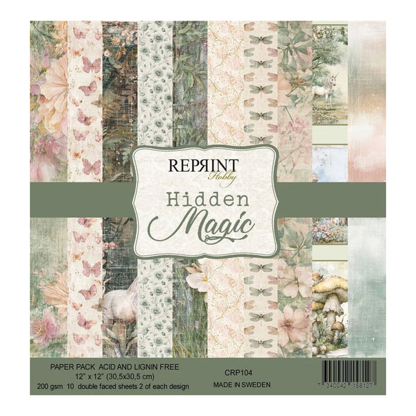 A square paper pack labeled 'Reprint Hobby Hidden Magic' showing multiple vertical strips of vintage floral and nature-themed patterned paper in soft pastel tones, with product details printed along the bottom.