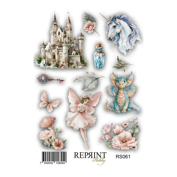A sheet of watercolor-style craft or decoupage designs on a white background, including a castle, unicorn, potion bottle, dragon, fairy, flowers, butterfly, key, and mushrooms. The sheet is labeled 'REPRINT Hobby RS061' with a barcode at the bottom.