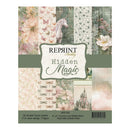 A pack of Reprint Hobby Hidden Magic scrapbook paper sheets, featuring 25 double-sided sheets in a 6x6 inch paper pack. The packaging displays a collage of vintage designs including floral patterns, butterflies, a unicorn, dragonflies, and a castle in soft pastel colors.