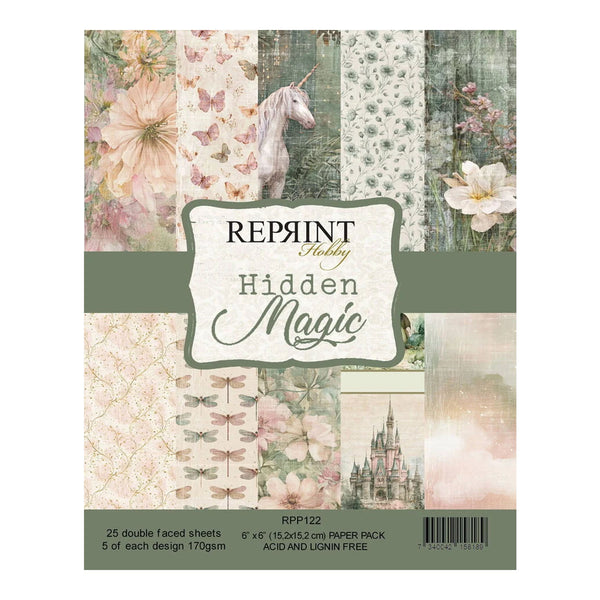 A pack of Reprint Hobby Hidden Magic scrapbook paper sheets, featuring 25 double-sided sheets in a 6x6 inch paper pack. The packaging displays a collage of vintage designs including floral patterns, butterflies, a unicorn, dragonflies, and a castle in soft pastel colors.
