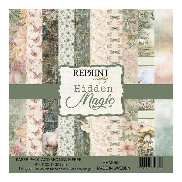 A square paper pack labeled 'Reprint Hobby Hidden Magic' showing multiple pastel patterned sheets with butterflies, florals, leaves, and rustic textures. Text at the bottom reads 'Paper Pack Acid and lignin free,' 'RPM083,' '170 gsm,' '15 double faced sheets,' and 'Made in Sweden.