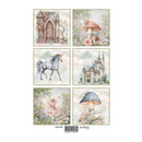 A sheet of six watercolor-style illustrated panels featuring a fairy garden scene with a stone archway, a mushroom and cat, a unicorn, a castle, a fairy, and a mushroom lamp. The sheet has a barcode and the brand name REPRINT at the bottom.