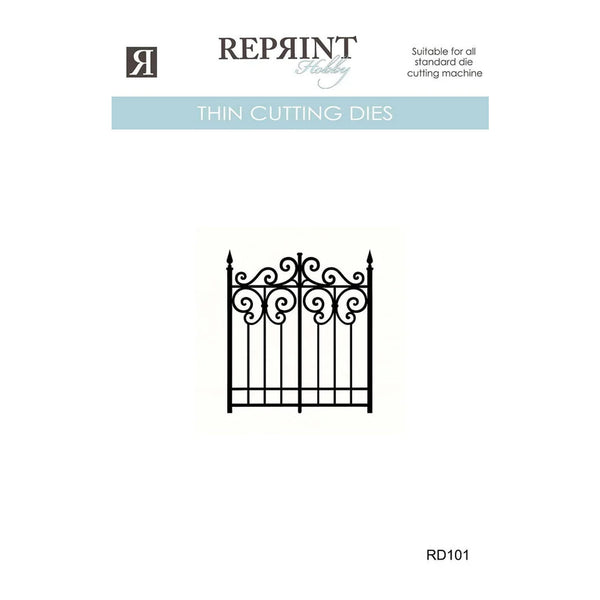 A product cover or packaging card for Reprint Studio Thin Cutting Dies, featuring a black metal gate design in the center on a white background with the Reprint Studio branding at the top and the model number RD101 at the bottom right.