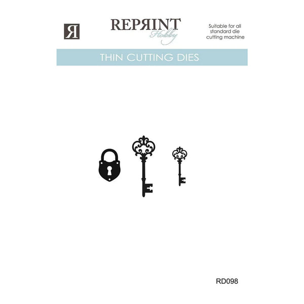 Product packaging card for REPRINT Hobby Thin Cutting Dies, featuring three black metal die-cut shapes (a padlock and two ornate keys) on a white background with product branding and code RD098.