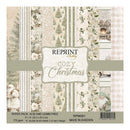 A square paper pack labeled 'Reprint Hobby Cozy Christmas' with multiple cream-toned holiday patterned sheets visible, including stripes, floral motifs, snowy figures, and a small gnome. Product text at the bottom reads 'Paper Pack Acid and Lignin Free', 'RPM081', and 'Made in Sweden'.