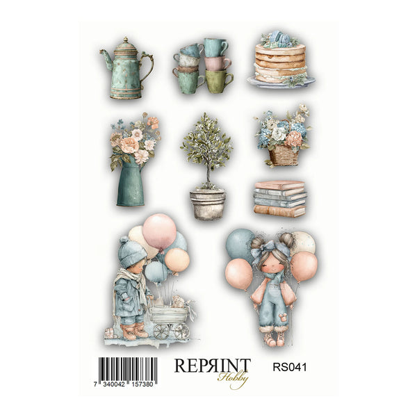 Collection of decorative items including teapots, cups, cakes, and a gnome with balloons on a white background.