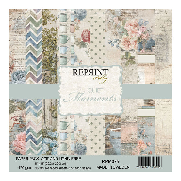 Pack of paper with floral and patterned designs on a white background, featuring the brand 'Reprint'.
