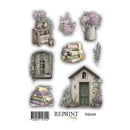 Collection of vintage-style illustrations featuring a house, window, books, and flowers with 'Reprint' branding.