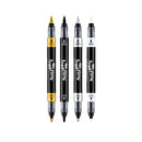 Four Pilot Freeflow dual-tip drawing pens arranged vertically on a plain white background. The pens have black barrels with white branding and are shown in four ink colors: yellow, black, white, and gray.