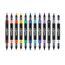 Twelve Finelock FreeFlow double-tip markers in assorted colors, arranged in a neat horizontal row against a solid white background.