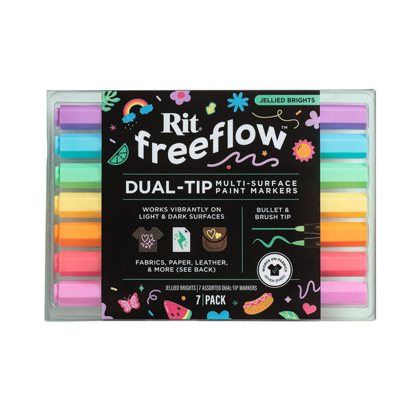 A 7-pack of Rit freeflow Dual-Tip Multi-Surface Paint Markers in 'Jellied Brights' colors, shown in a clear plastic case with a black label.