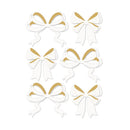 Six white ribbon bow decorations with gold glitter accents and white ribbons, arranged in two columns on a plain white background.