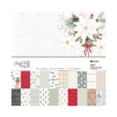 A sheet of holiday-themed scrapbooking paper from Belie's, featuring a large floral poinsettia and pine illustration at the top, decorative text reading 'Sleigh Bell Singing,' and a grid of multiple patterned paper sheets below in red, beige, green, gray, and black tones.