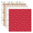 Four overlapping patterned paper sheets arranged in a fan on a white background. The front sheet is red with repeating white cursive text reading 'helly sexy,' while the sheets behind show coordinating beige, white, and muted green floral and snowflake patterns.