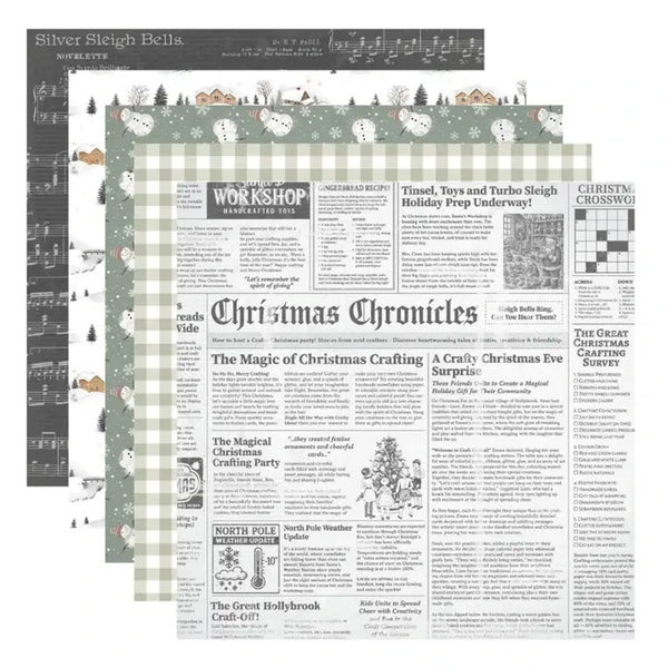 Three overlapping patterned paper sheets with Christmas-themed designs: a dark gray sheet with musical notes and sleigh illustrations, a sage green sheet with snowflakes and trees, and a cream-and-green gingham sheet with a newspaper layout titled 'Christmas Chronicles'.