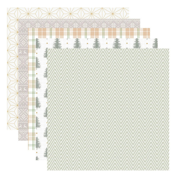 A set of five patterned paper sheets fanned out on a white background, featuring neutral tones of beige, sage green, and white with various patterns including herringbone, plaid, snowflake, and pine tree motifs.