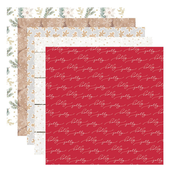 Four overlapping sheets of patterned paper displayed on a white background. The front sheet is red with repeating white cursive text reading 'helly sexy,' while the other sheets show coordinating beige, white, and green floral/snowflake patterns.