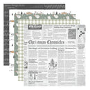 Three overlapping scrapbook paper sheets with Christmas-themed designs, including a newspaper layout titled 'Christmas Chronicles' and winter patterns, on a white background.