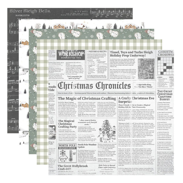 Three overlapping scrapbook paper sheets with Christmas-themed designs, including a newspaper layout titled 'Christmas Chronicles' and winter patterns, on a white background.