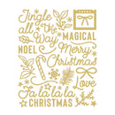 A gold Christmas-themed graphic design featuring festive text and illustrations including 'Jingle all the Way', 'Magical Noel', 'Merry Christmas', 'Fa la la la la', 'Love', a candy cane, leaves, stars, and bows on a plain white background.