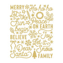 A gold holiday-themed typography design on a white background, featuring festive phrases like 'Merry Ho ho ho', 'Let the Fun begin ON EARTH', 'Believe Joy Let it Snow', 'Dear Santa FAMILY', along with snowflakes, stars, leaves, and a small Christmas tree.