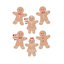 Six gingerbread person cutouts in various poses, including two adults, two children, and two holding candy canes, arranged on a plain white background.