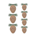 Six pinecone-shaped decorative items with layered brown scales and green pine-needle accents, arranged in two vertical columns on a plain white background.