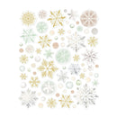 A sheet of decorative stickers featuring various snowflakes and circular dots in metallic gold, silver, and pastel mint green on a white background.