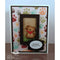 Card with a small picture of a dog and paw prints on a colorful background